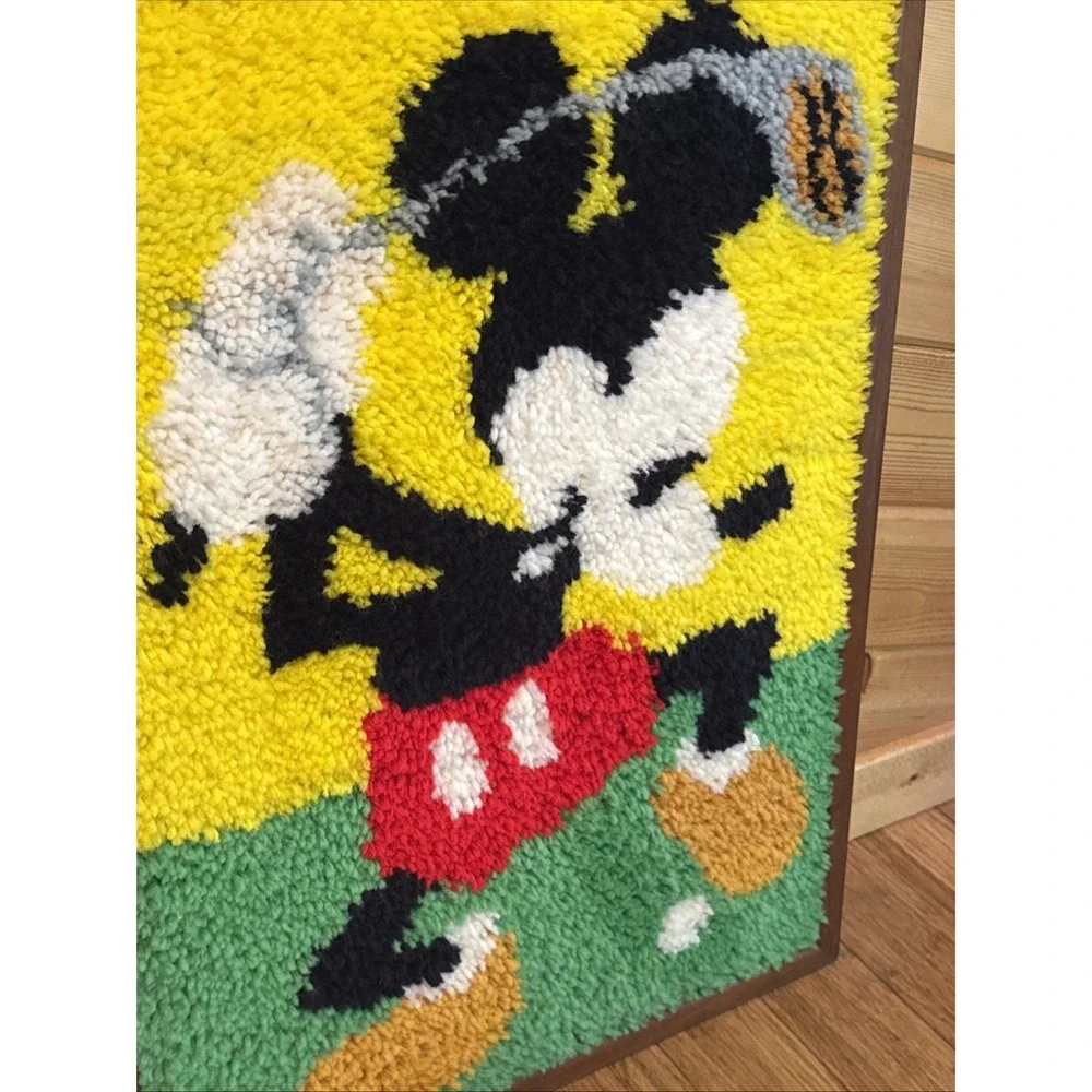 Vintage Latch & Hook Rug Wall Art Golfing Mickey Mouse 70's 30